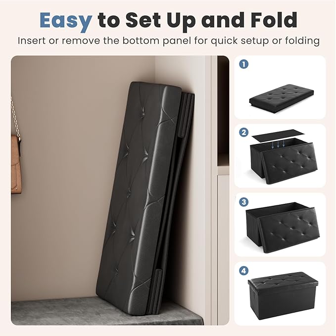 DUMOS 30 Inch Folding Storage Ottoman Bench, Large Hidden Storage Chest withThicker Foam Padded Seat, End of Bed Foot Rest Stool for Bedroom Living Room Entryway, Load 660 lbs, Black