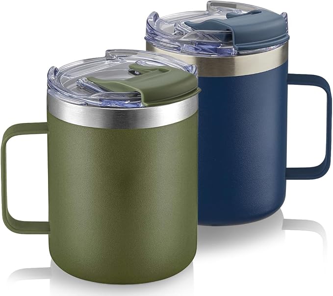 12oz Stainless Steel Insulated Coffee Mug with Handle, Double Wall Vacuum Travel Mug, Tumbler Cup with Fliping Lid, Navy and Army Green