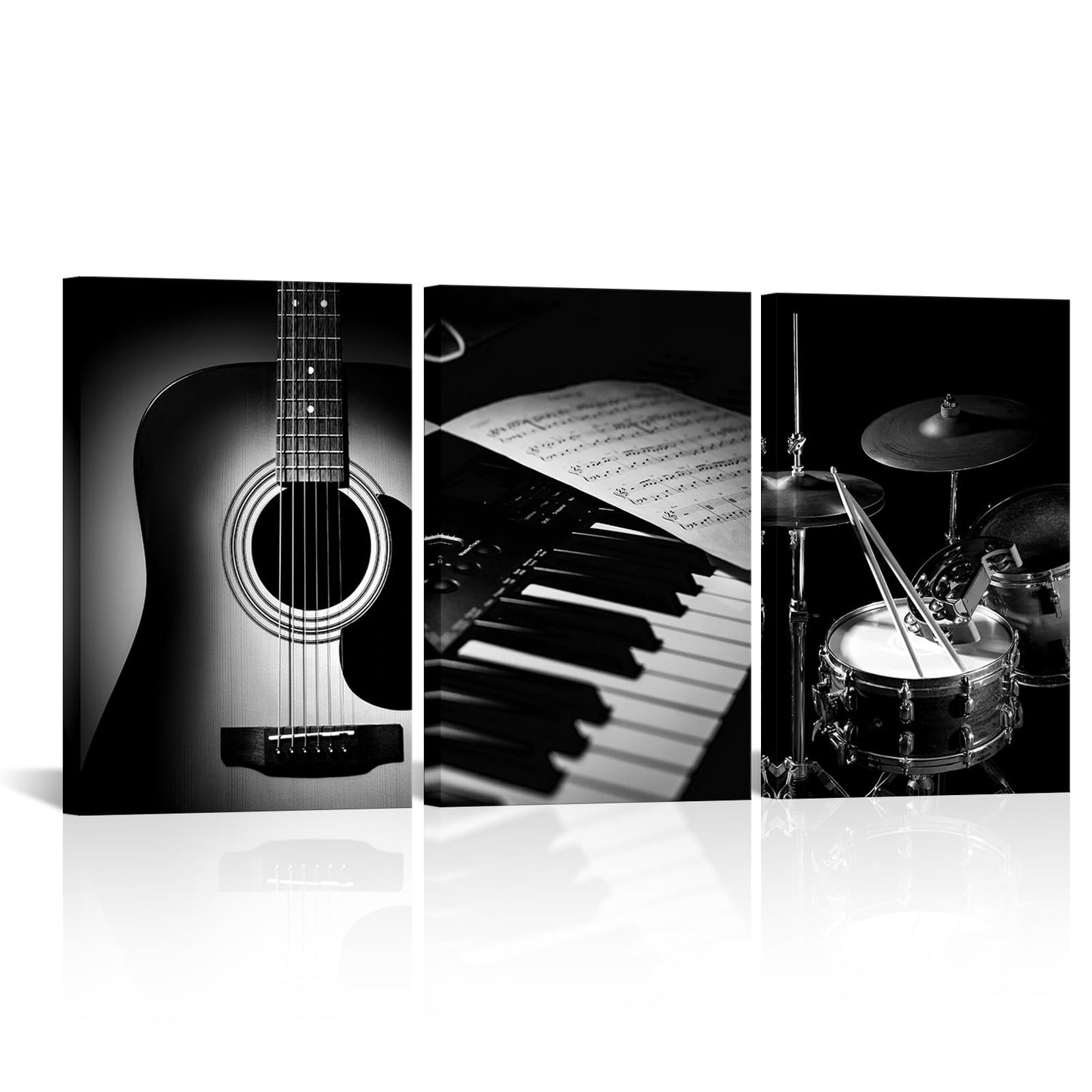 PoGoXiPoYo 3 Pieces Black and White Music Wall Art Canvas Prints Piano Guitar Drum Set Musical Instrument Pictures Rock Band Artwork Music Wall Decor for Studio Bedroom Home 16x24inchx3