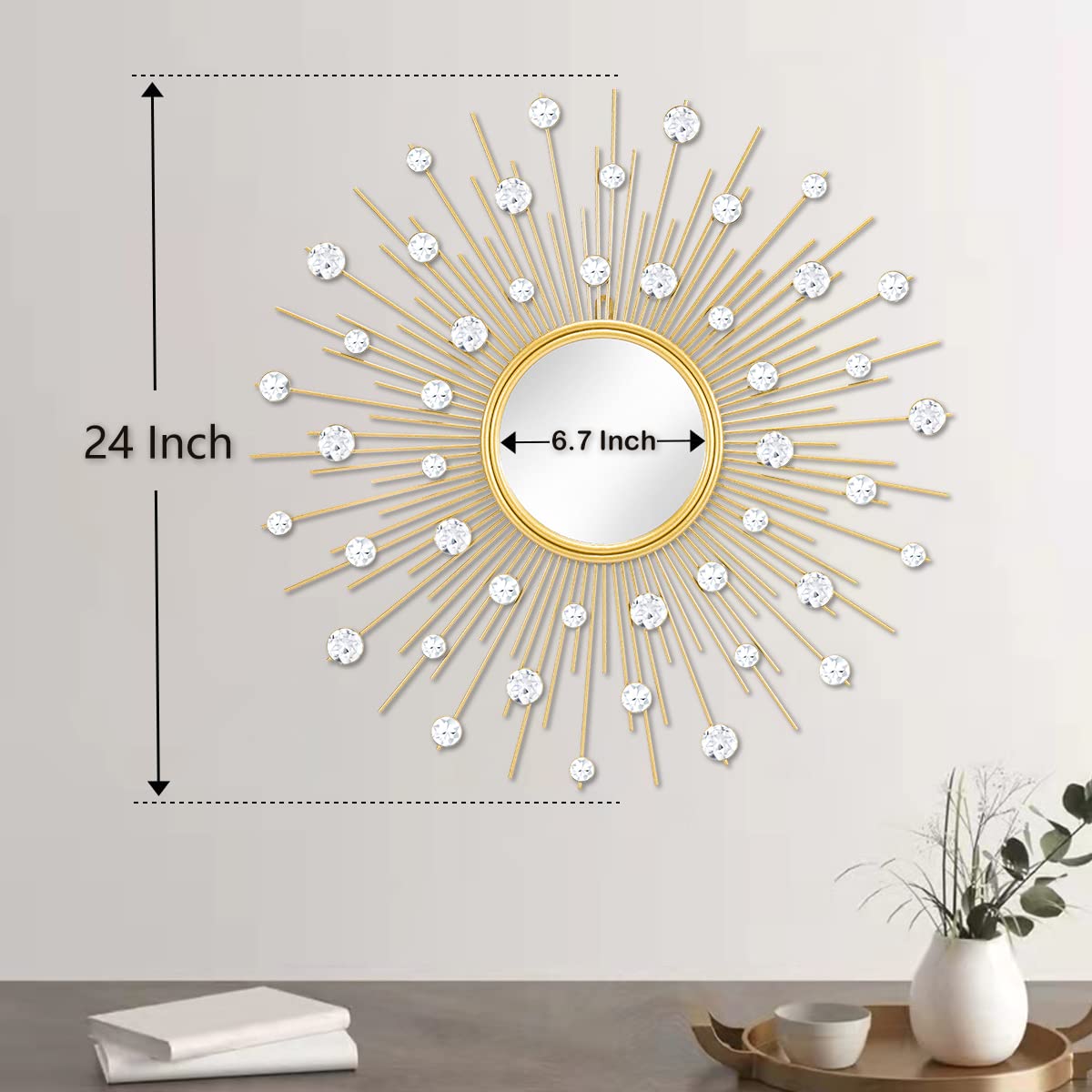 TaoliMo Gold Sunburst Mirror for Wall Decor Metal Sun Wall Mirror Decorative with Crystal Diamond for Living Room Bedroom Entryway Large Circle Mid Century Modern Starburst Wall Hanging 24 Inch