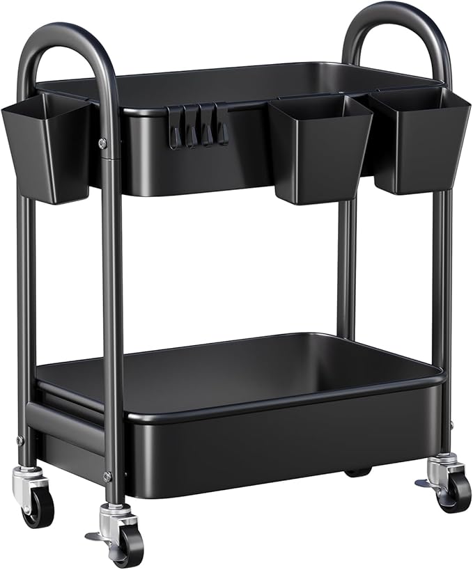 2 Tier Rolling Cart Metal on Wheels, Two Tiered Short Storage Side Table with Wheels, Heavy Duty Under Desk Mobile Trolley, Small Utility Organizer Carts for Craft, Art, Office, Kitchen, Black Basket