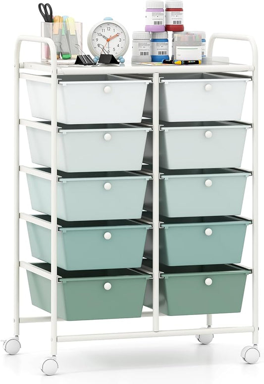 Giantex 10 Drawers Rolling Cart, Classroom Organizers, Storage Cart with Wheels, for Teacher Office Home School Supplies Tool Craft Art Paper, Green Gradient
