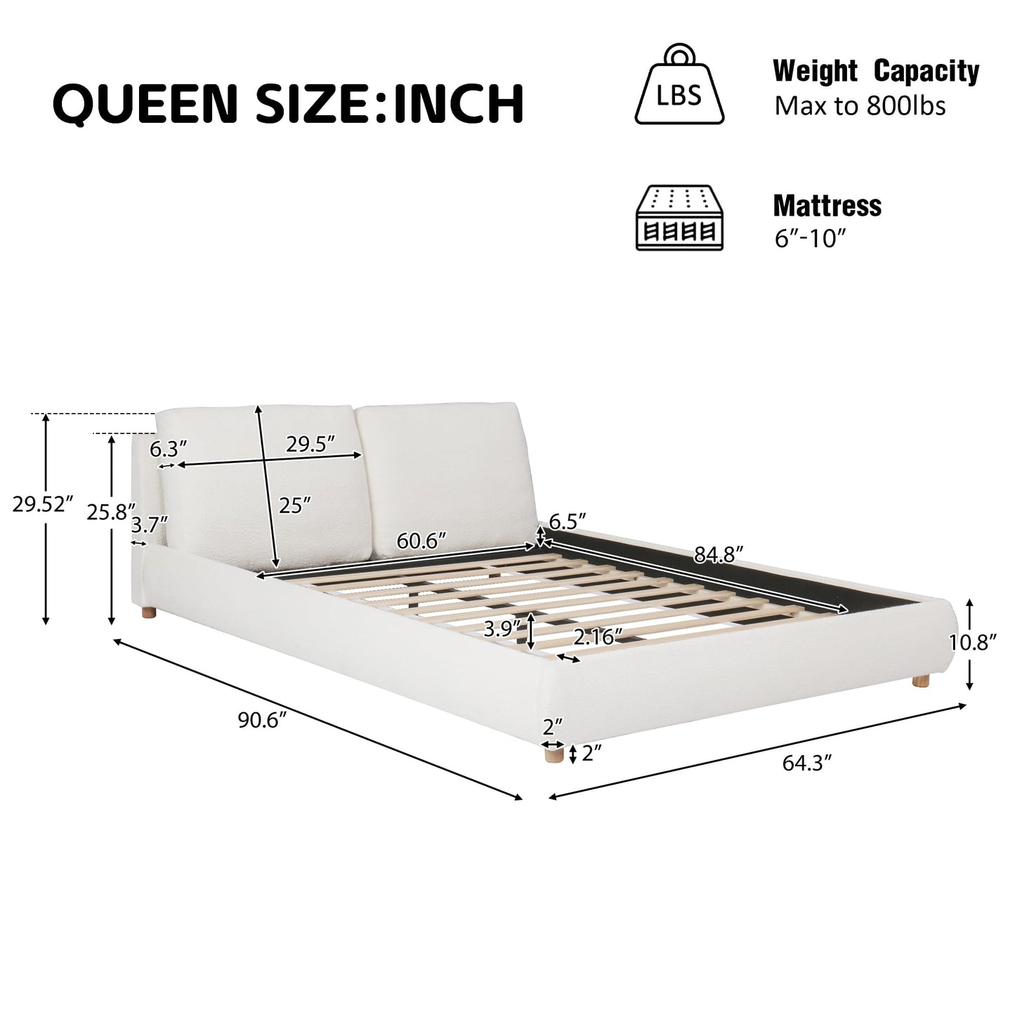 Christopher Knight Home Hazel Queen Size Bed Frame, Upholstered Platform Bed, Soft Boucle Queen Headboard, Removable Pillows Headboard, Wood Slats Support, No Box Spring Needed, Easy Assembly, White