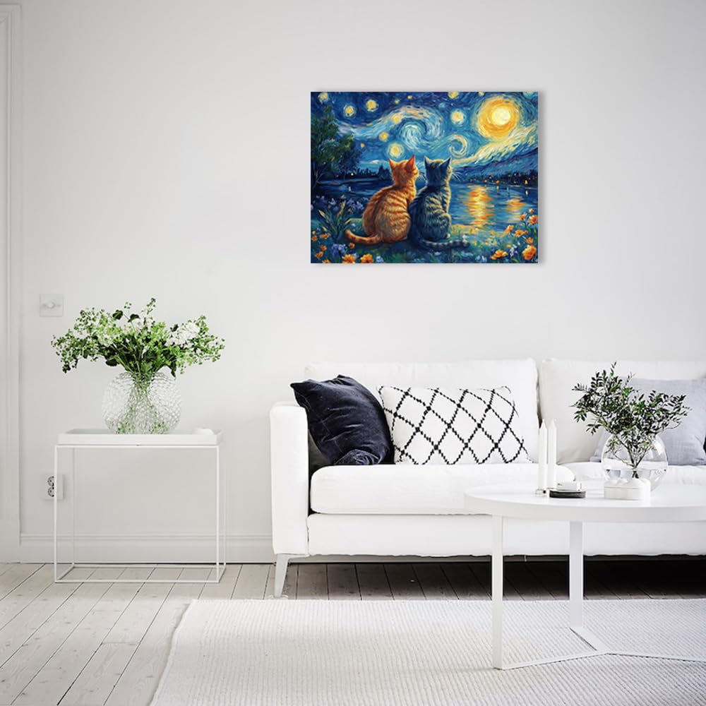 Ypxzzj Van Gogh Starry Night With Cartoon Cats Canvas Wall Art,Night Starry Pictures Paintings Wall Decor, Animal Cats Artworks for Bedroom Living Room Wall Decor Framed Ready to Hang