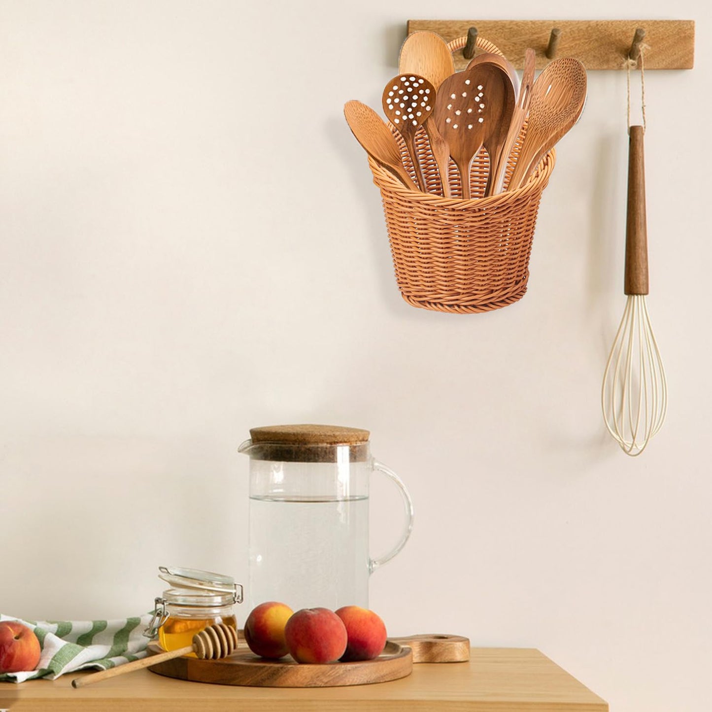 Geytetqi 5 Pack 6.7 x 6 inch Woven Hanging Fruit Basket, Wall Hanging Wicker Baskets, Wall Fruit Wicker Basket for Kitchen, Planter, Vegetable & Fruit, Boho Home Decor