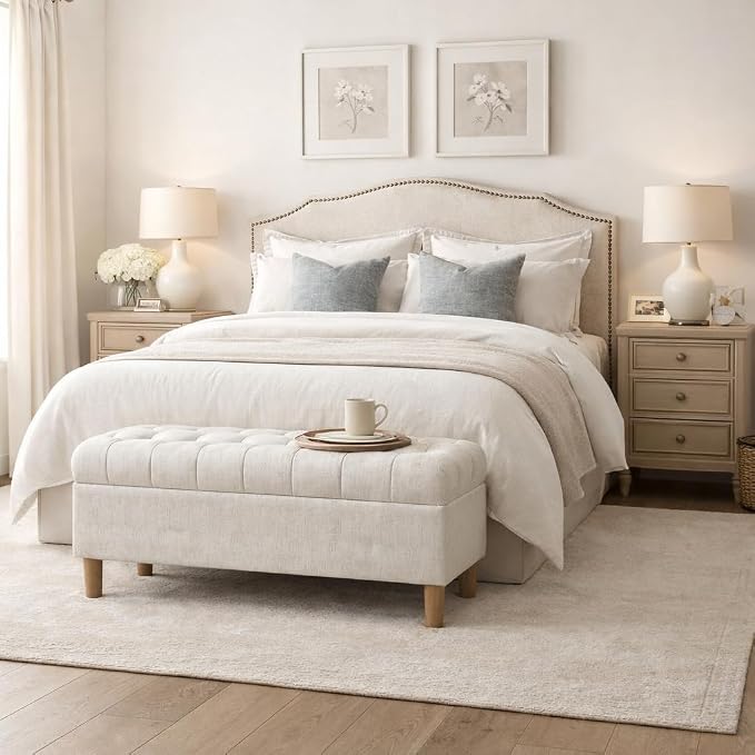 Homepop Home Decor | Tufted Ainsley Button Storage Ottoman Bench with Hinged Lid | Ottoman Bench with Storage for Living Room & Bedroom, Cream Textured Solid