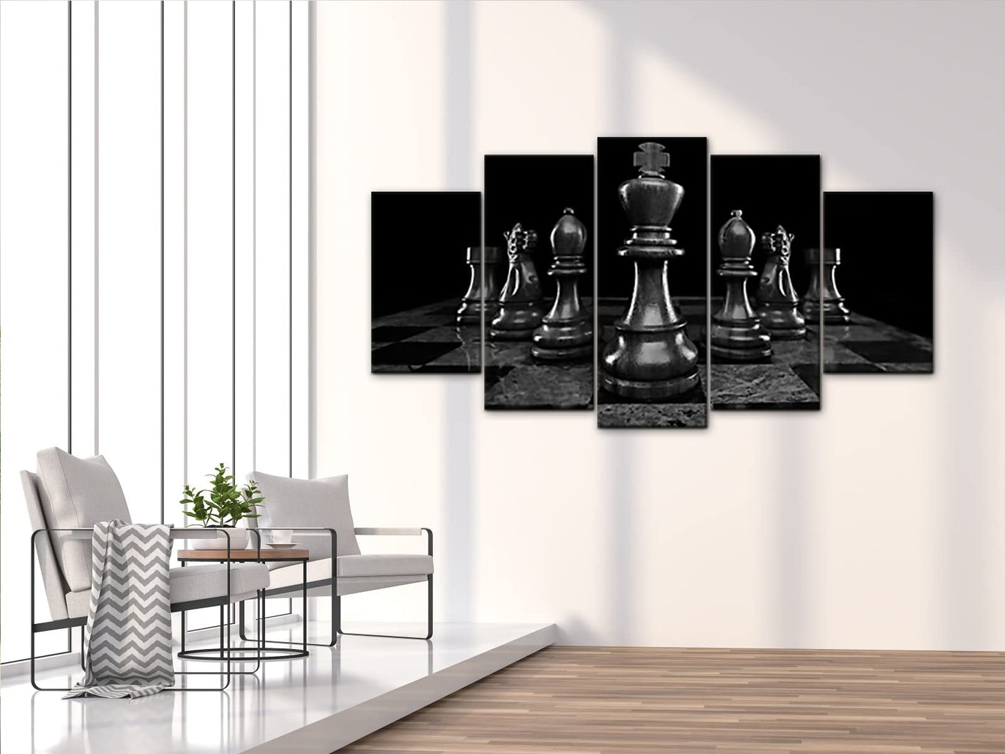 Conipit Chess Canvas Wall Art for Living Room Chess Board Wall Print Black King Knight Painting Chess Setup International Chess Picture Framed 5 Piece(total 60x32 inch)