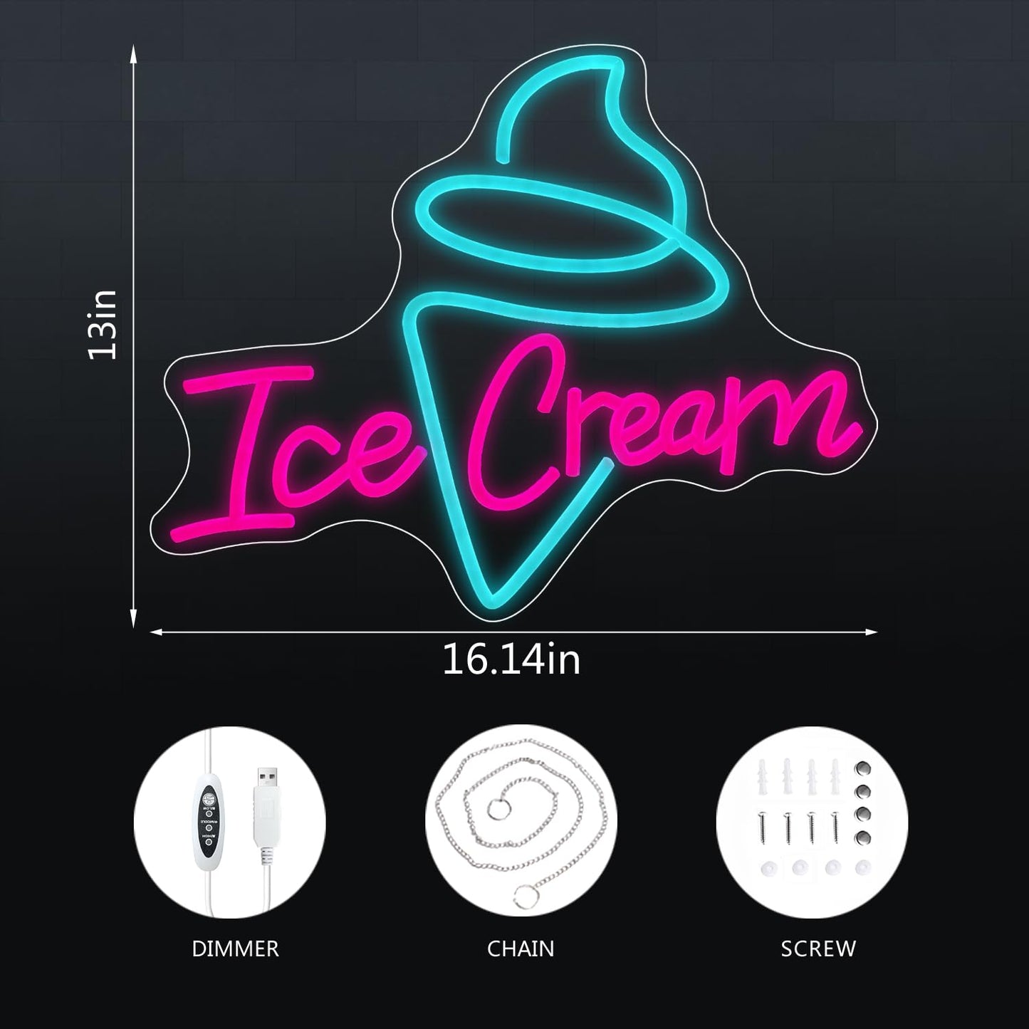 Ice Cream Neon Sign - Dimmable USB Ice Cream Letter Neon Light Up Signs for Business Store Cafe Drink Shop Office Bedroom Restaurant Decor Adjust Brightness