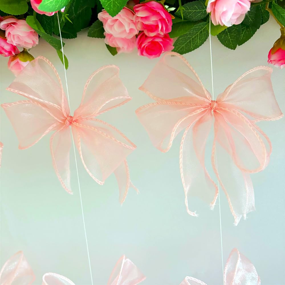YMASELA Pink Bow Hanging Garlands (6.6ft X4strings) Sheer Chiffon Ribbon Bowknot Hanging Decorations Party Streamers for Wedding Bridal Shower, Girl Bow Theme Bachelorette Party Baby Shower Supplies