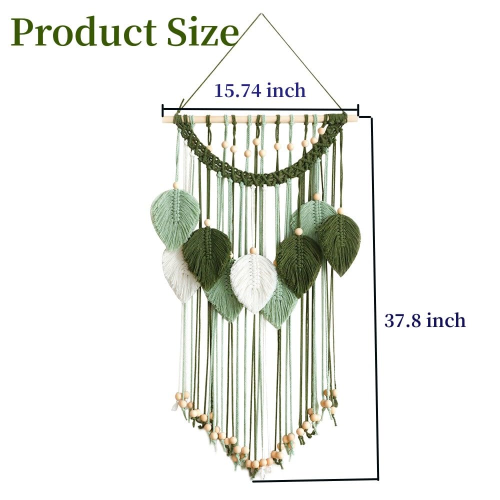 Ni-JASW Green Macrame Wall Hanging Decor, Boho Woven Leaf Feather Tapestries with Beads Tassels 15.7"x 37.8"