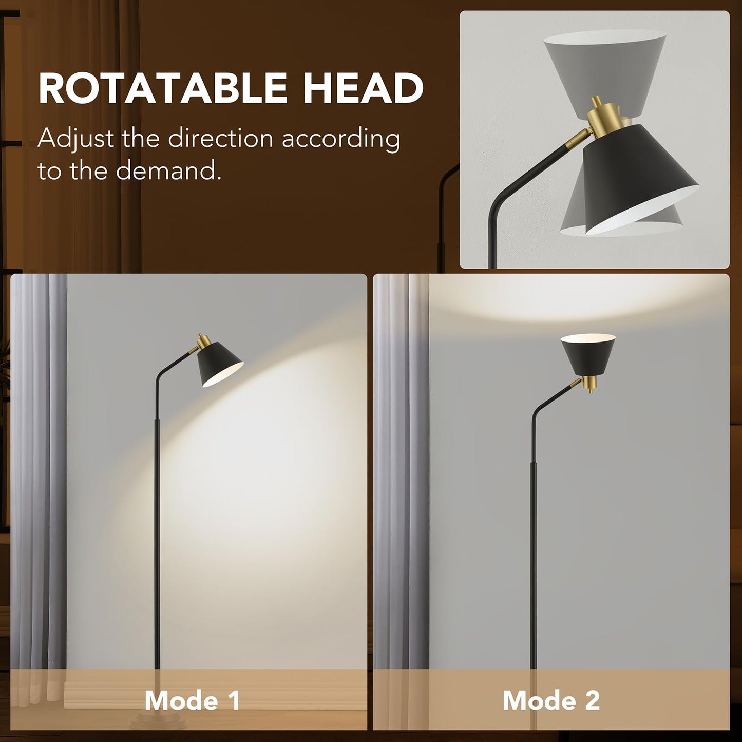 Leasgy 65.3" Floor Lamps for Living Room, Black Floor Lamp for Bedroom, Dual-Base Industrial Standing Lamp, Adjustable-Head Corner Lamp, Modern Tall Lamp, Living Room Light, Bulb Included, Black