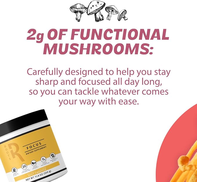 Roots Focus Nootropic Brain Supplement - Spicy Pineapple, Blend of Lion's Mane, Cordyceps, & Reishi Functional Mushrooms + Extended-Release Caffeine, 50 Servings