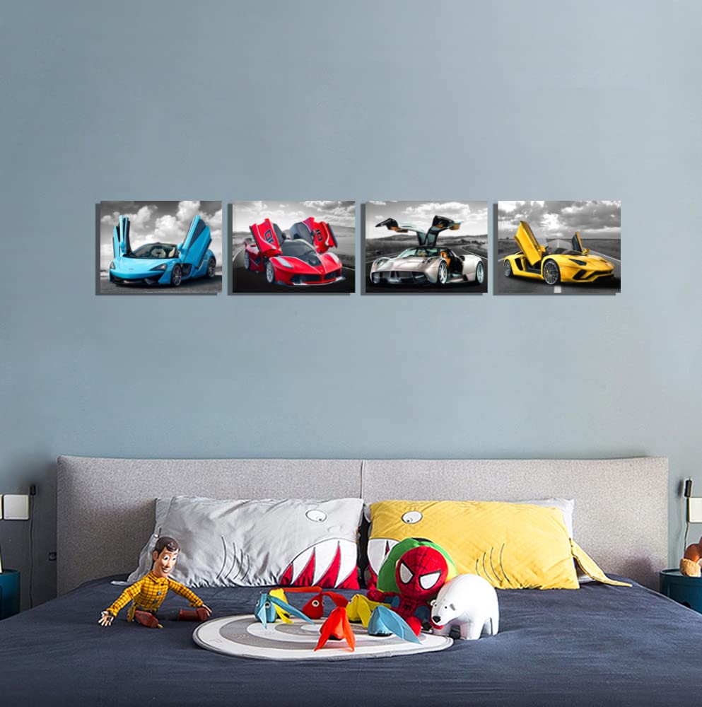Car Posters Wall Art for Office, Living Room Bedroom Boys Room Décor Sports Wall Art Large Car Art Framed Canvas Print Art Man Cave Decoration Black and White Car Pictures 20"x16", 4pieces