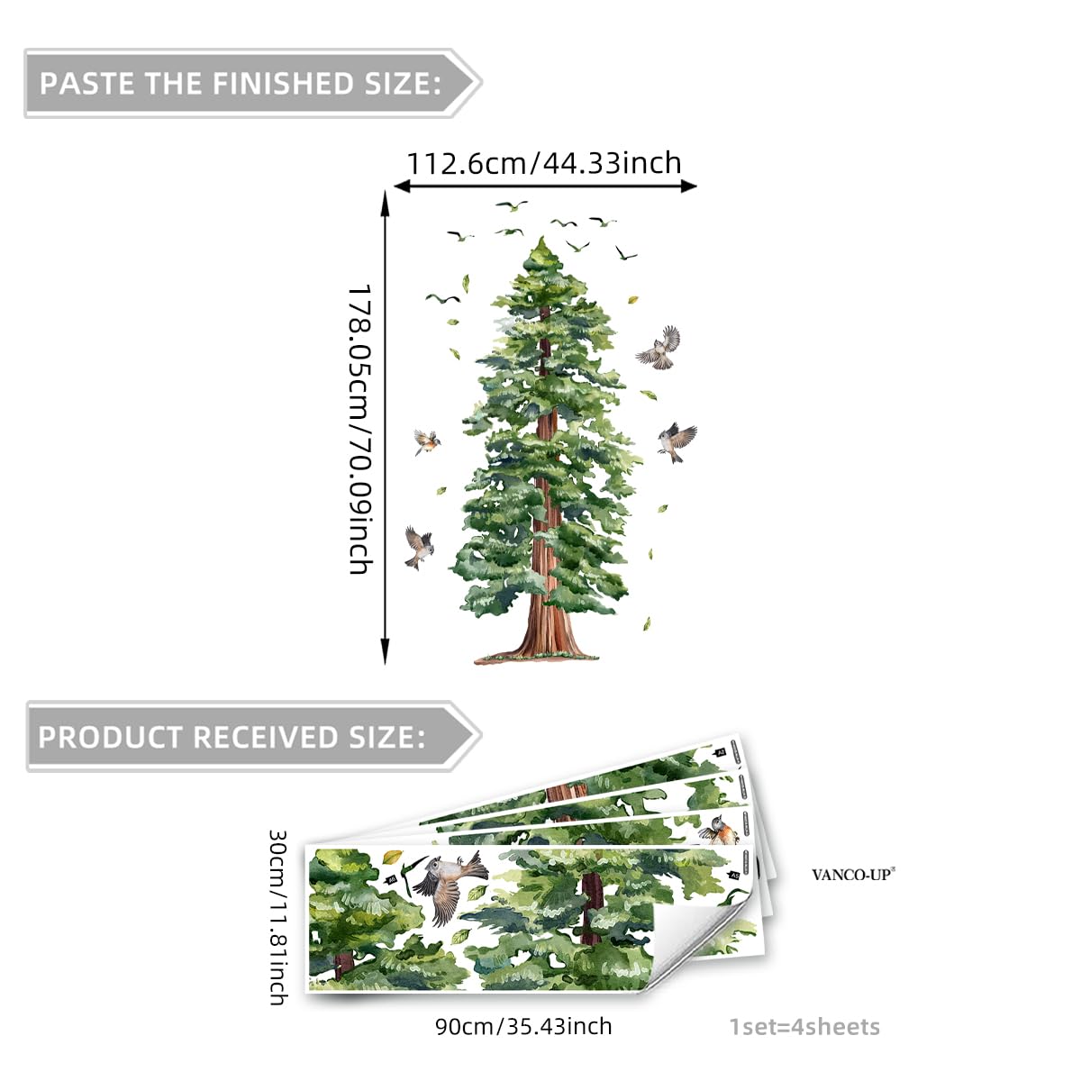 Large Tree Wall Sticker 4 Sheets Green Pine Tree Wall Decal Peel and Stick Bird Wall Art Decor 3D Woodland Animals Wall Stickers for Living Room