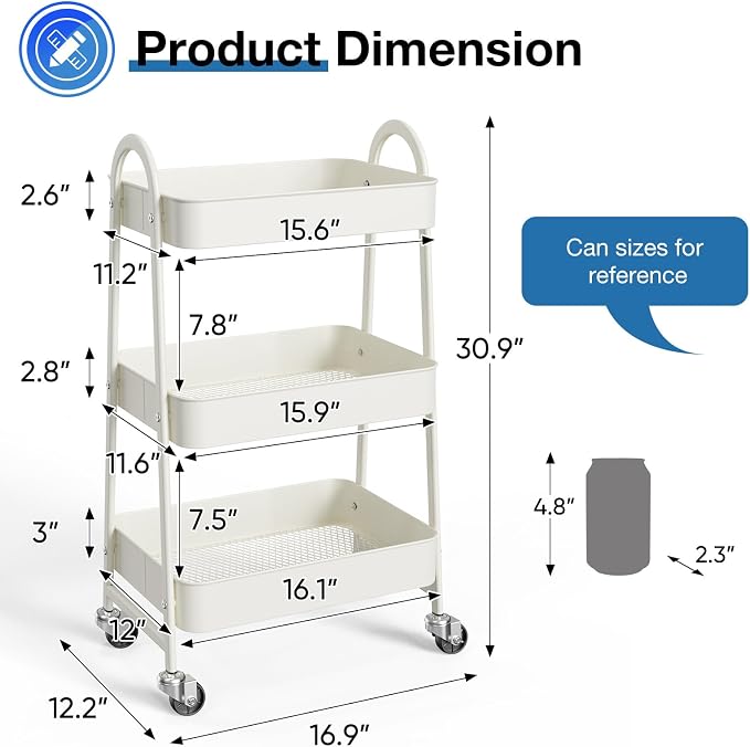 OLIXIS Metal Utility Cart, Mobile Rolling Storage Shelf with Lockable Caster Wheels, Organization for Livingroom, Bathroom & Narrow Places, 3 Tiers White