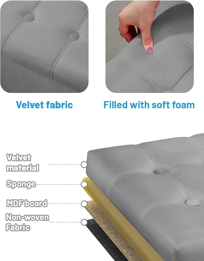 AmasSmile Storage Ottoman Foot Rest Stool, 17 inch Velvet Footstool Bench, Short Ottomans Stool, Small Folding Storage Ottoman Store Books, Records, Grey