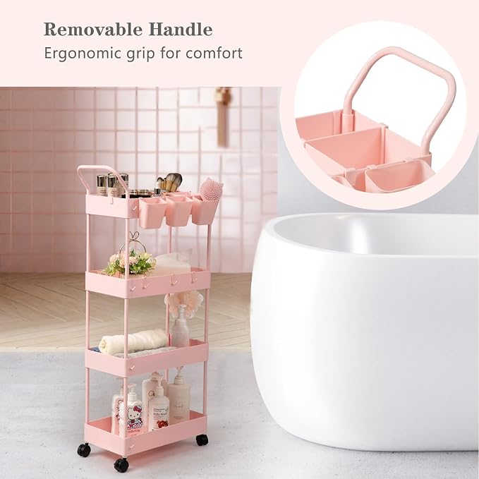 Danpinera 4-Tier Pink Slim Storage Cart, Narrow Laundry Cart with Wheels, Dividers, Hanging Cups, Hooks, Easy Assembly