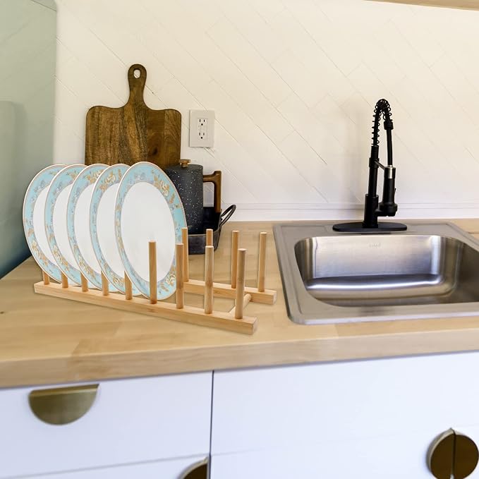 2PC Bamboo Wooden Dish Drying Rack, 8-Slot Plate Rack Cabinet Dish Stand Organizer for Kitchen Counter, Drainer Storage Holder for Bowl/Cup/Lid/Cutting Board/Book, Space-Saving Design