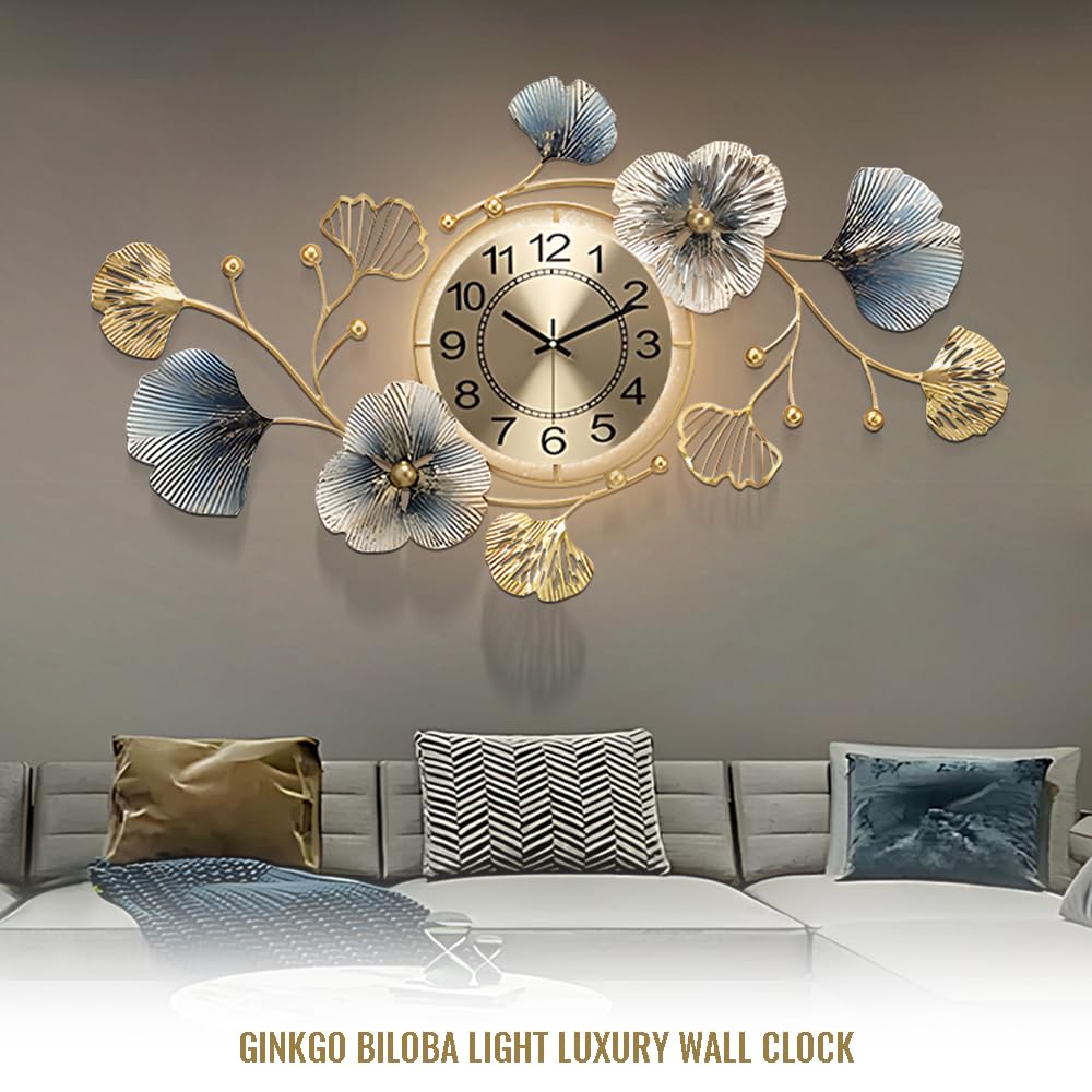 LJSCLDF Large Metal Wall Clocks with Led Light,Silent Creative Decorative Clock,3D Ginkgo Leaf Wall Clocks for Living Room Bedroom Kitchen Office Decor (33.6 X 20 inch)