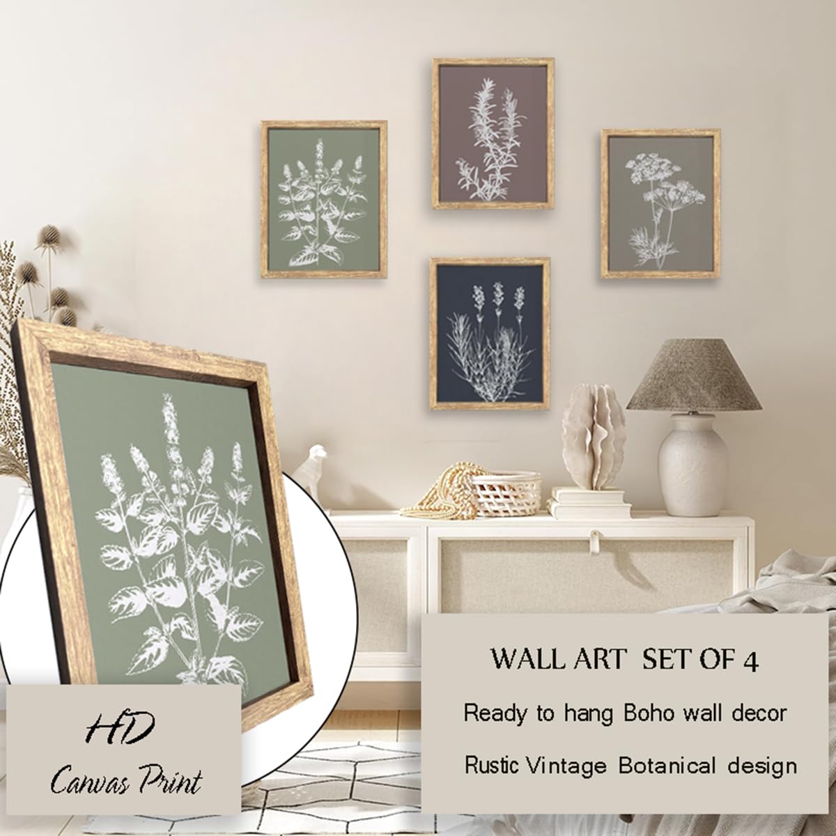 GUMEYJIA Boho Wall Art Set of 4 Framed Herb Prints Botanical White Floral Sketches with Gray and Sage Green Background Modern Farmhouse Decor Home Kitchen Wall Decor (8x10 in)