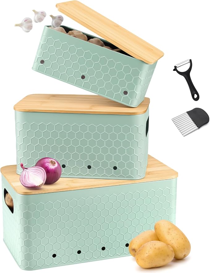 Kitchen Vegetable Storage Set of 3, Metal Onion Garlic Potato Storage Set, Kitchen Canisters Vegetable Keeper Containers with Aerating Holes and Bamboo Lid,Embossed Saga Green