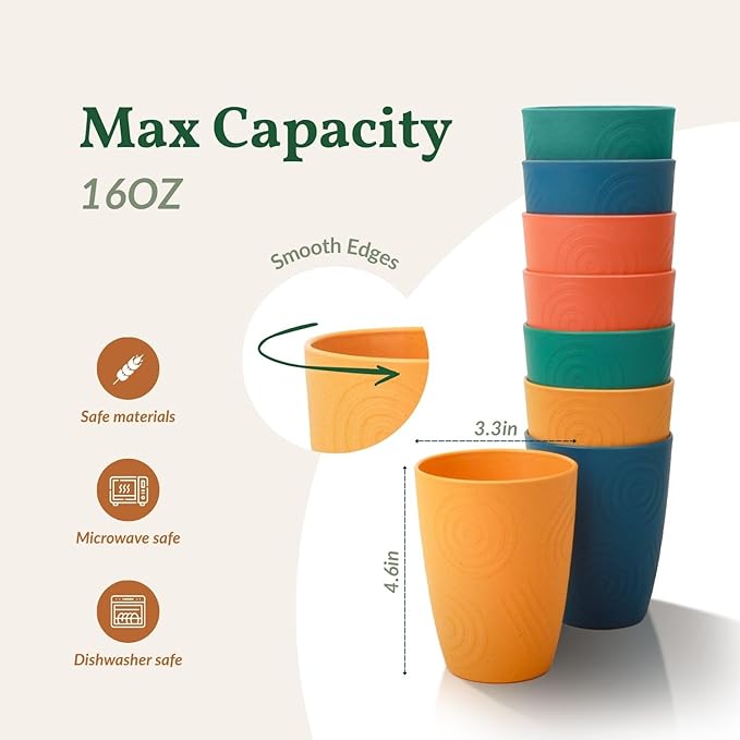 Homienly Drinking Glasses Cups Set of 8 - Wheat Straw Cups | Alternative to Plastic Cup 16 OZ | Reusable Unbreakable Water Tumblers | Dishwasher Safe Drinking Cup for Kitchen - Multi Color