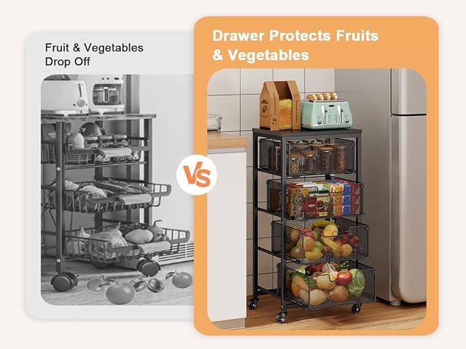 4-Tier Fruit Vegetable Storage Cart - Kitchen Organizer and Storage Cart with Wheels, Wooden Top Metal Wire Fruit Vegetable Rack Stand with Drawers to Storage Cans Snacks for Kitchen(Patent Pending)