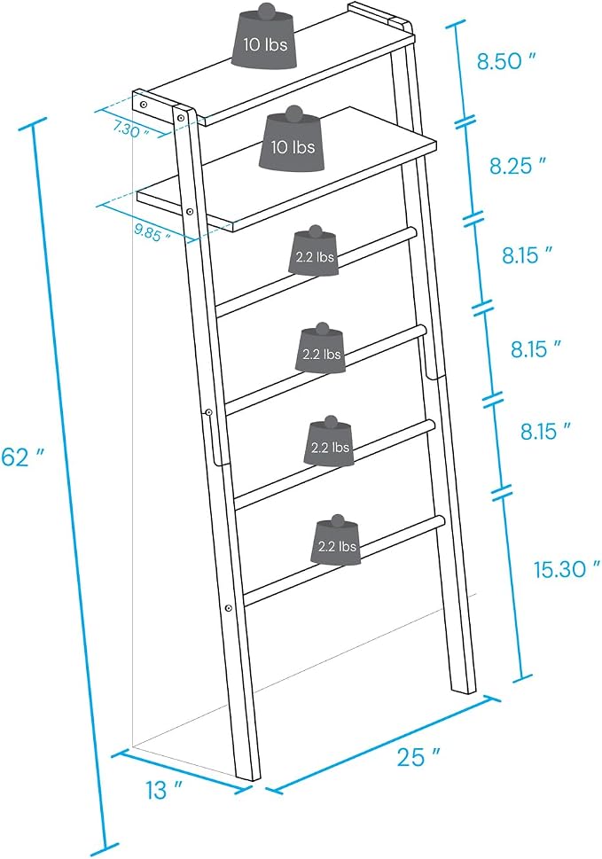 Space Saving 100% Solid Wood 6-Tier Blanket Ladder with Two Storage Shelves - Walnut
