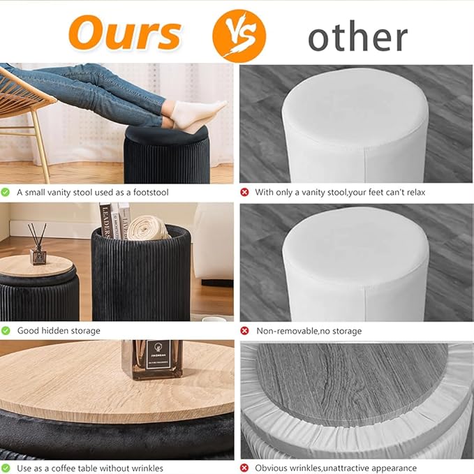BLEXA Round Set of 2 Ottoman with Storage - Upholstered Velvet Vanity Stool for Makeup Multifunctional Ottomans Coffee Table Padded Seat Foot Rest for Living Room & Bedroom (Black)