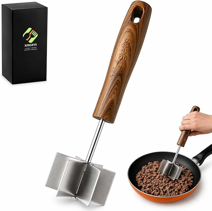 Large Stainless Steel Meat Chopper, Masher & Cocktail Muddler | Dishwasher Safe | 6-Blade Chopper Tool | Oversized Ergonomic Handle | Heat Resistant Grip (Walnut Wood Veneer 10")
