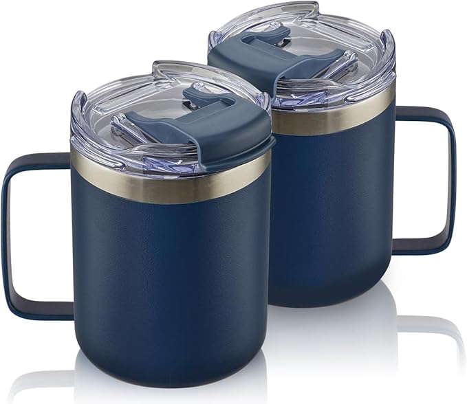 12oz Stainless Steel Insulated Coffee Mug with Handle, Double Wall Vacuum Tumbler Cup with Fliping Lid, Navy, 2 Pack