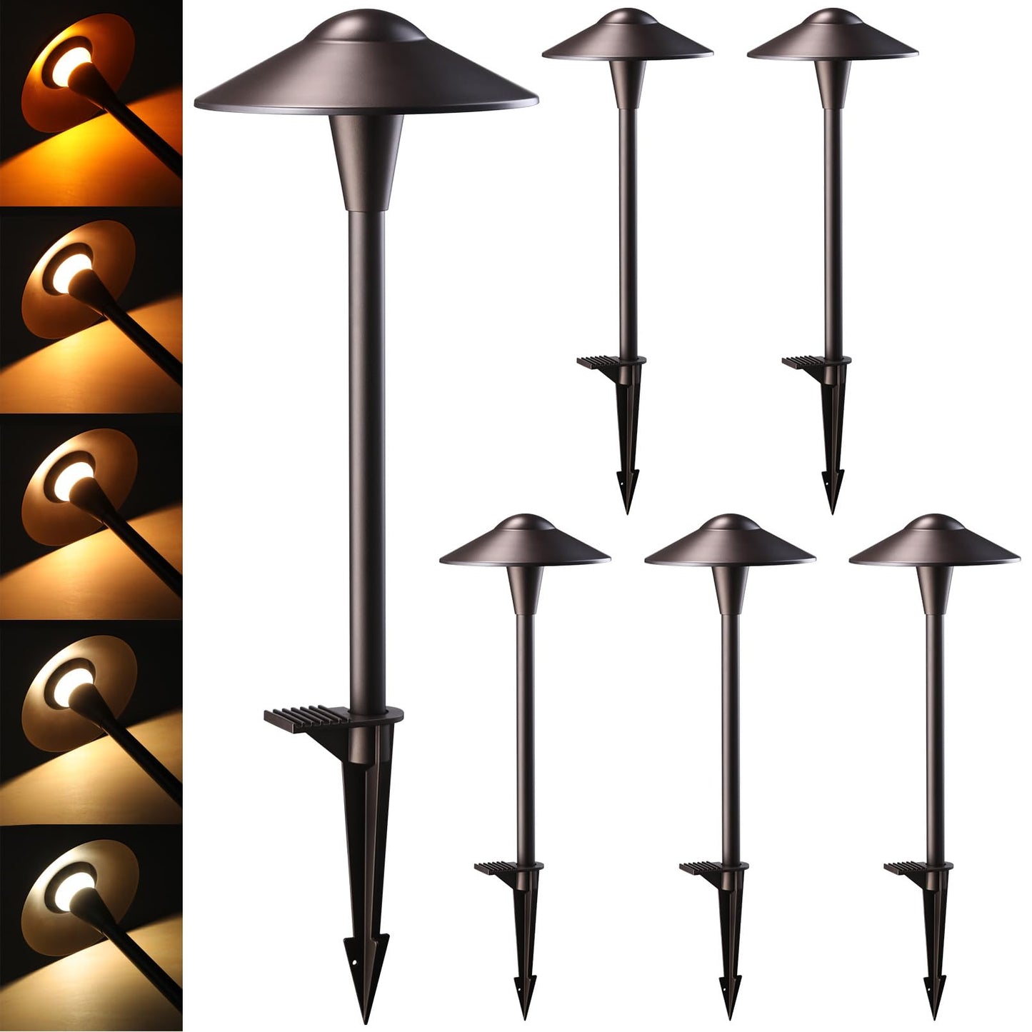 LEONLITE Update 5CCT Low Voltage Pathway Lights, LED Landscape Path Lights, 1800/2700/3000/4000/5000K, Saucer Head, 12-24V AC/DC, IP65 Outdoor Walkway Light, Oil Rubbed Bronze Aluminum, Pack of 6