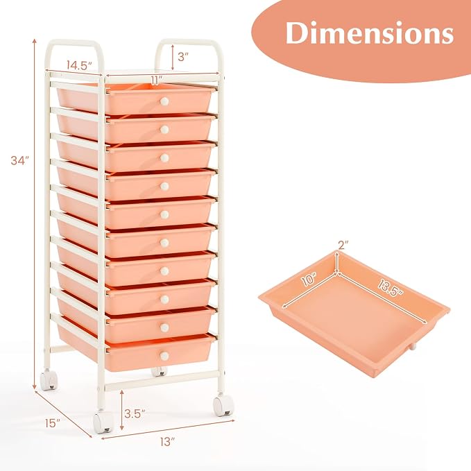 COSTWAY 10-Drawer Rolling Storage Cart, Utility Mobile Trolley with Removable Drawers & Universal Casters & 2 Brakes, Versatile Flexible Drawer Organizer Cart for Home, Office, Peach