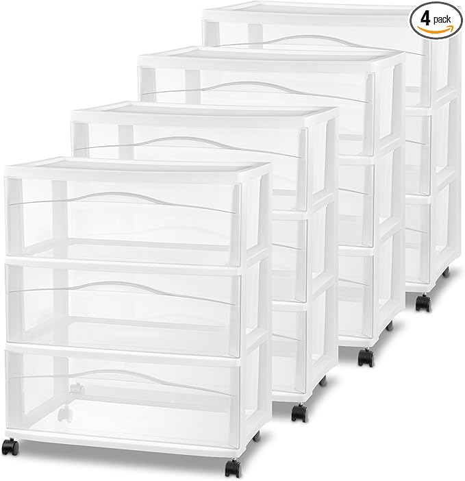 Sterilite 4 Pack Wide 3 Drawer Storage Cart, Plastic Organizer with Wheels, White - Multipurpose Bin for Clothes, Accessories, or Home Accessories