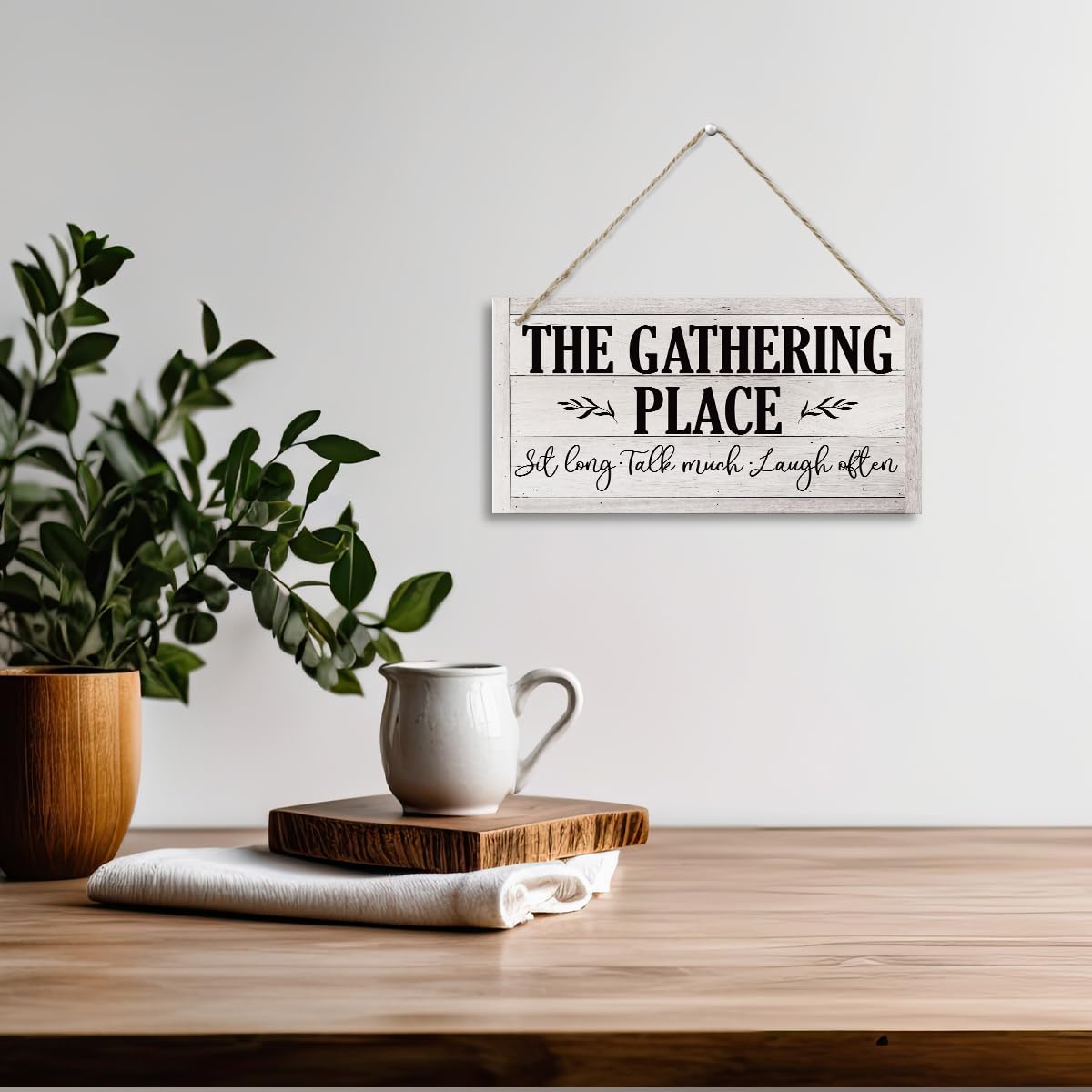 Rustic Farmhouse Hanging Wooden Signs, The Gathering Place Sign, Vintage Dining Room Wall Art, Sit Long, Talk Much, Laugh Often, Printed Wood Wall Art Sign, Retro Wall Plaques, 11.8 * 5.9 in