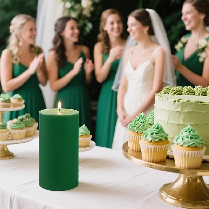 Green Unscented Pillar Candles 3-Pack ??Dripless & Smokeless, Long-Burning Thick Candles (2",3",4" Heights) for Weddings, Home Decor & Serene Ambiance