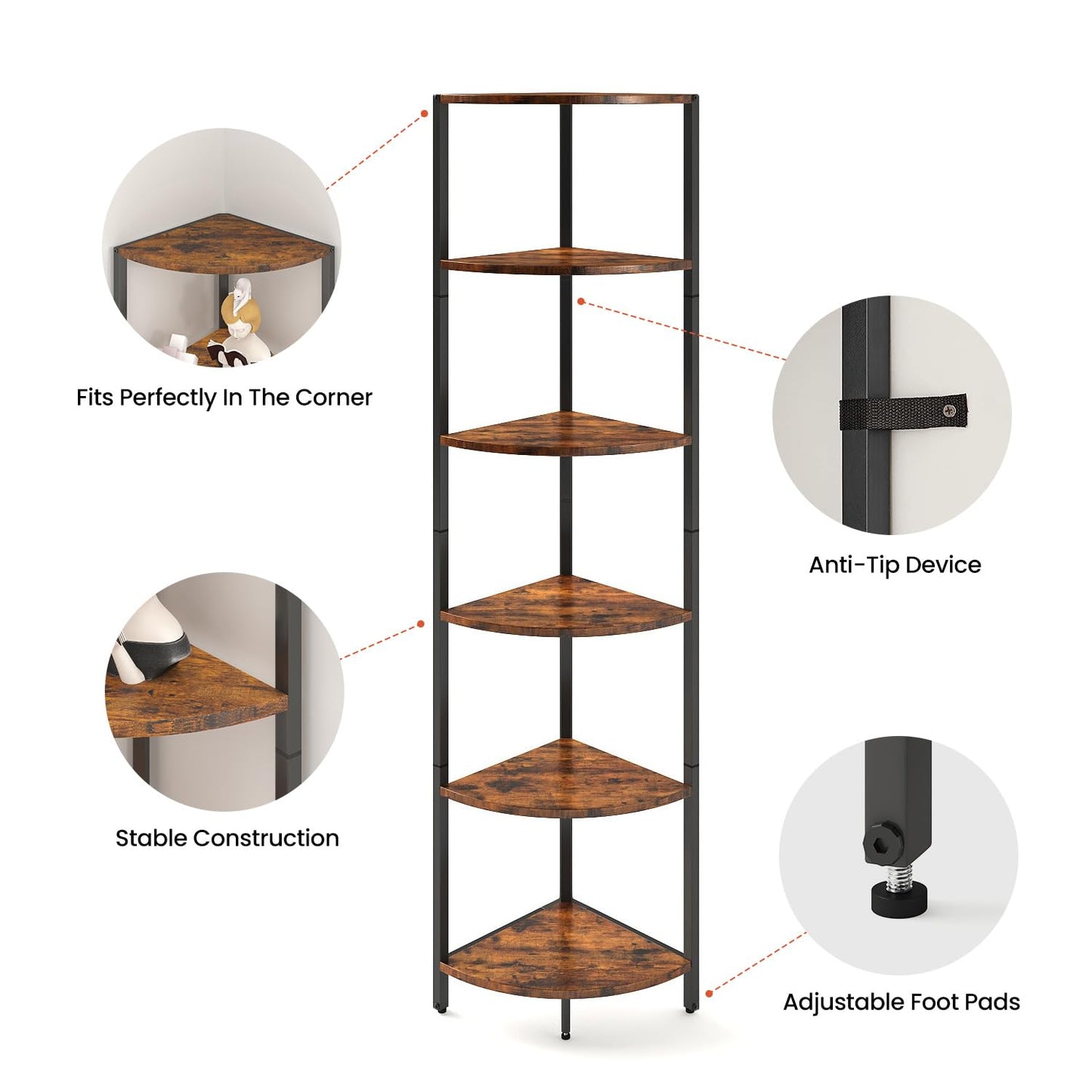 6 Tier Corner Shelf 63.1" Tall Corner Shelves stand Ladder shelf metal Standing Bookshelf Organizer Display Rack Bookcase Plant Stand Industrial style for Living Room Bedroom rustic Brown CS-001RB