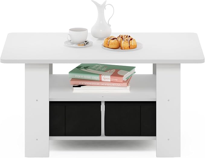 Furinno Andrey Coffee Table, Small Modern Center Table with Storage and Bin Drawer, Side Table for Living Room, Bedroom, Home Office, White