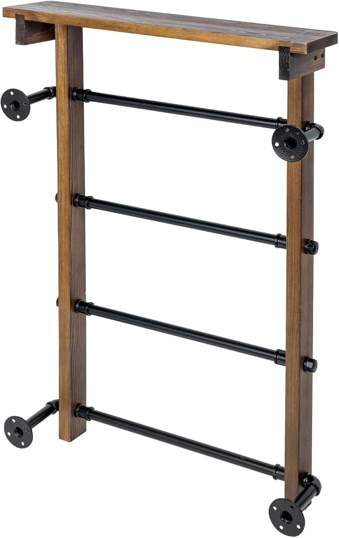 MyGift 4-Tier Wall Mounted Towel Rack Ladder with Top Storage Shelf, Rustic Burnt Solid Wood Hanging Towel Holder with 4 Black Industrial Metal Pipe Rungs Bar Design