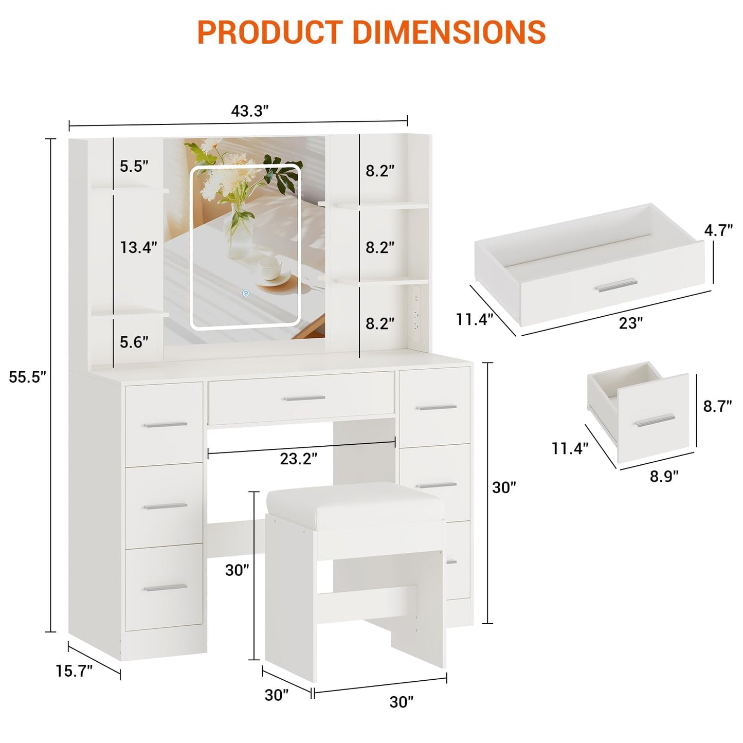 GarveeHome 43" Large Vanity Desk with 3 Colors LED Light and Mirror - Vanity Desk Set with Power Outlet and Hairdryer Rack - Makeup Vanity Table with 7 Drawers and Shelves for Bedroom