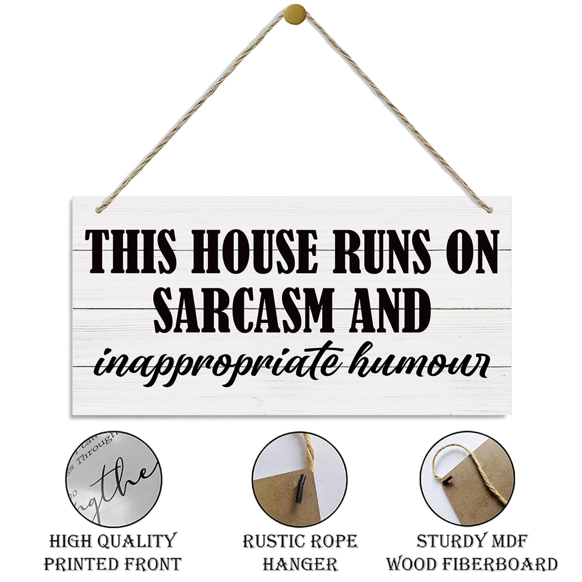 This House Runs On Sarcasm and Inappropriate Humor Sign, Funny Wood Sign, Hanging Printed Wooden Plaque Decor, Rustic Wall Decoration, Modern Home Decor, Funny Housewarming Gift