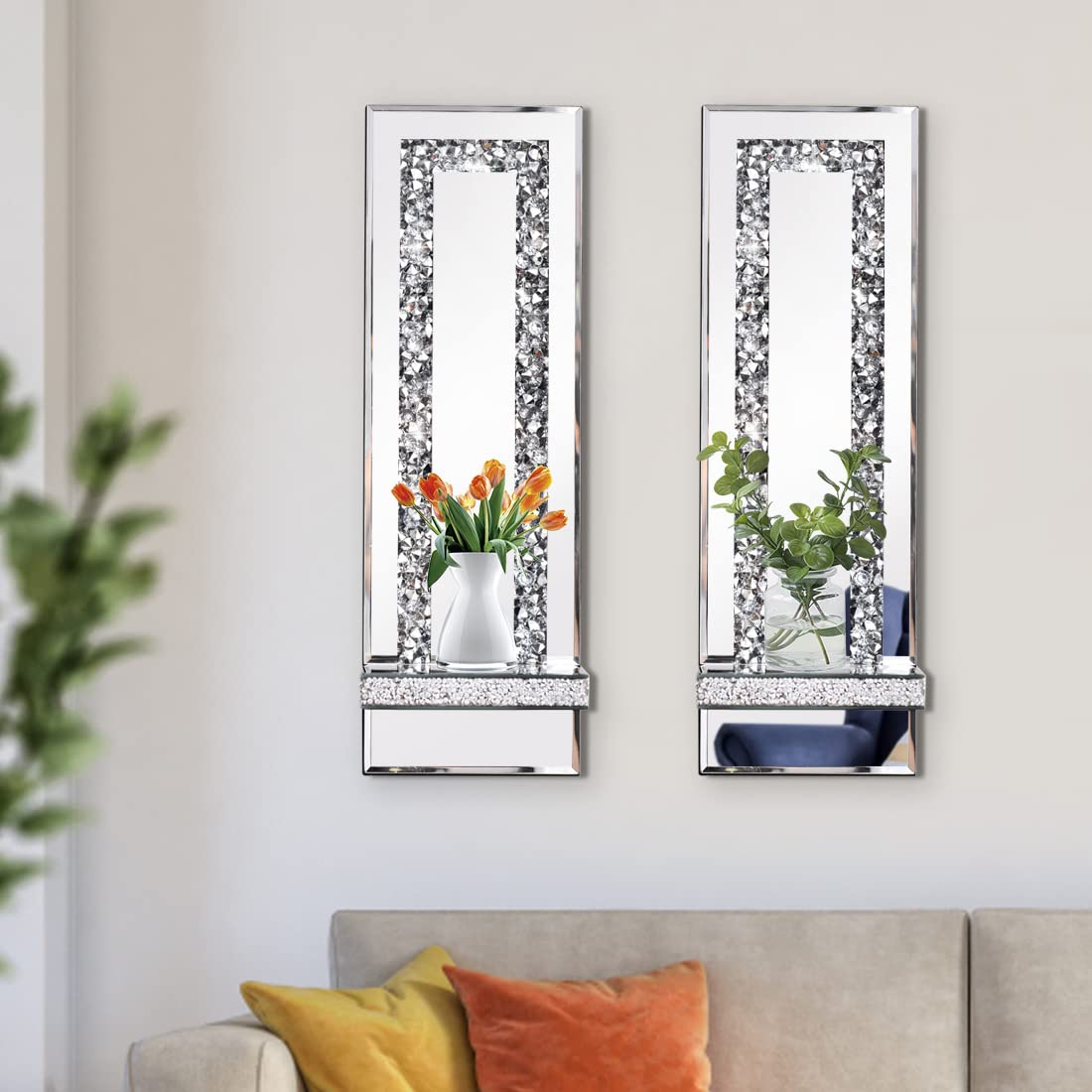 Aeveco Crystal Crush Diamond Mirrored Candle Sconces, Silver Wall Candle Holder Set of 2, Wall Decorations for Living Room，Dining Room (Rectangle Stripe (Style 4))