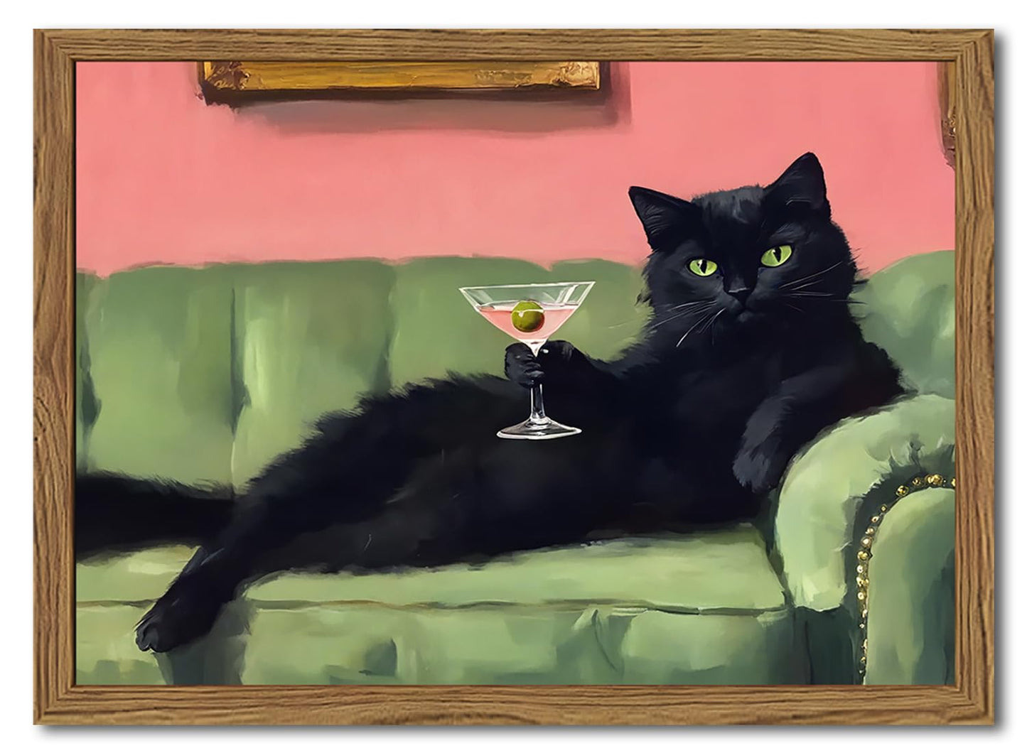 Funny Black Cat Martini Wall Art, Bar Cart Decor, Eclectic Cocktail Painting Canvas Print, Cute Animal Artwork Picture for Bedroom Living Room Kitchen 12x16 inch Wood Framed