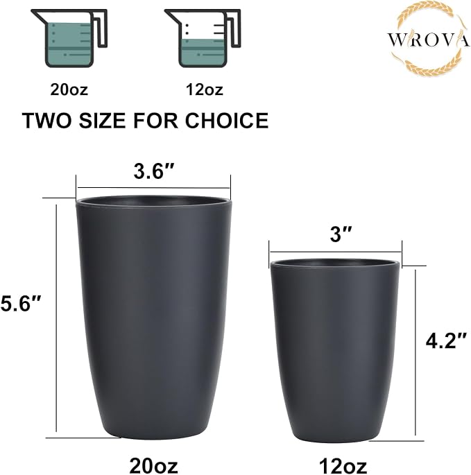 Wrova Wheat Straw Cups 8 PCS Good Alternative to Plastic Reusable Cups 20 oz Unbreakable Drinking Cup Reusable Dishwasher Safe Water Plastic Glasses Deep Gray