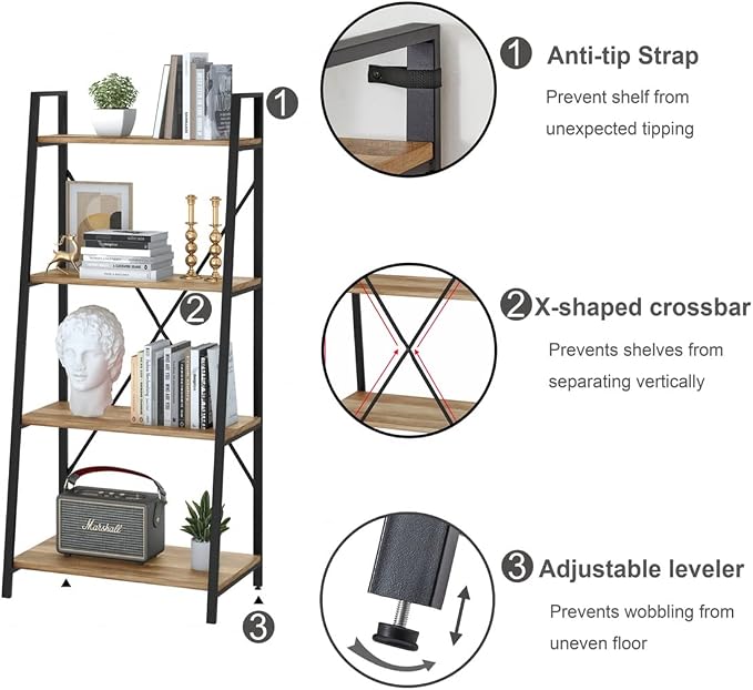 BON AUGURE Farmhouse Ladder Shelf Bookcase, 4 Tier Rustic Ladder Bookshelf, Standing Leaning Book Shelves for Living Room (Vintage Oak)