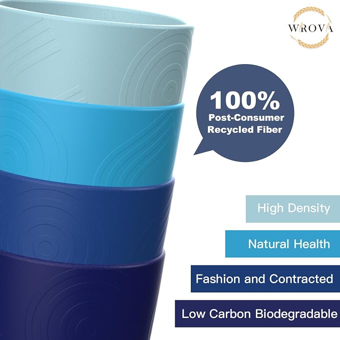 Wrova Wheat Straw Cups 8 PCS Good Alternative to Plastic Reusable Cups 12 oz Unbreakable Drinking Cup Reusable Dishwasher Safe Water Plastic Glasses - Ocean Series