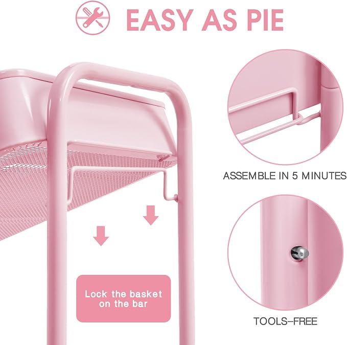 TOOLF 3-Tier Rolling Cart - Metal Utility Storage Organizer with Lockable Wheels, 33 lbs Per Shelf, Tool-Free 5-Min Assembly, for Kitchen Bathroom Office Nursery Craft Room, Pink