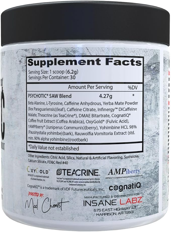 Insane Labz Psychotic SAW®, High Stim Pre Workout Powder with OxyGold­??and AMPiberry®, Extreme Lasting Energy with Teacrine®, Focus with CognitIQ® and Endurance with Beta Alanine, 30 Srvgs,Watermelon