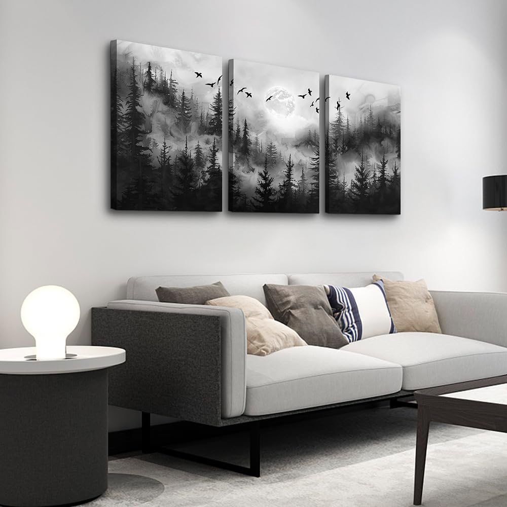 DZRWUBHS Wall Art For Living Room Canvas Wall Decor For Bedroom Black And White Wall Painting Modern Office Decorations Misty Forest Landscape Abstract Wall Pictures Farmhouse Wall Hanging Decor