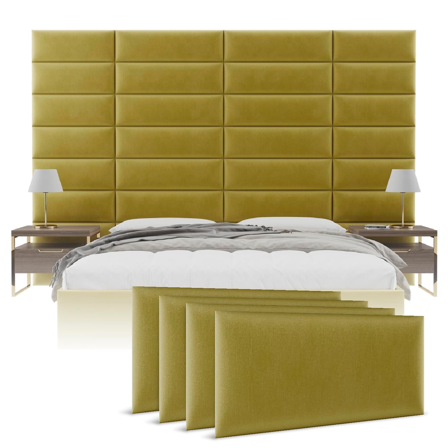 Vänt Upholstered Wall Panels - Queen/Full Size Wall Mounted Velvet Headboards - Velvet Olive Moss - Set of 4 Panels (Each Individual Panel 30"x11.5")